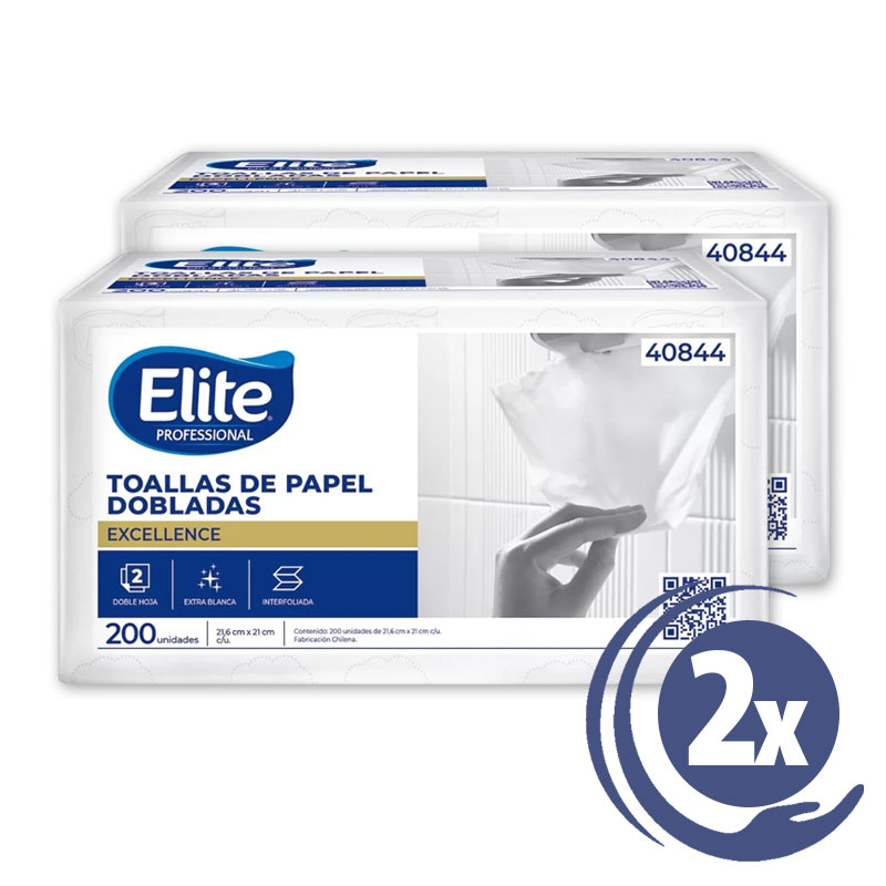 Papel Toalla Doble Hoja Interfoliada, 200 hojas - 2 unidades - Elite